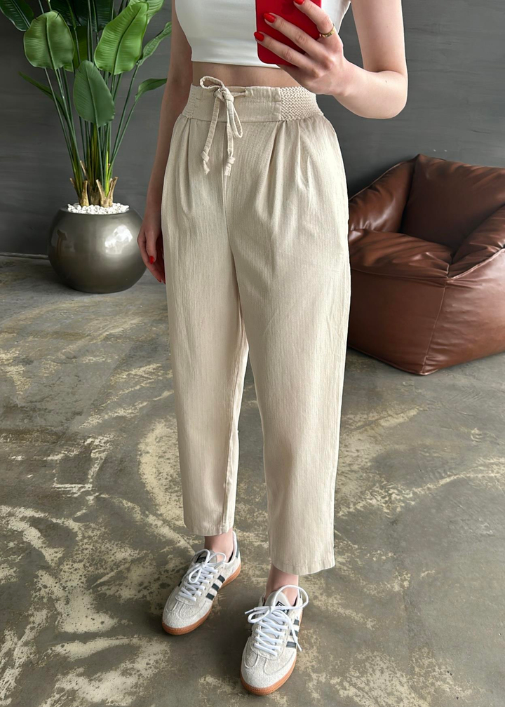 Lastik Pilili Gabardin Pantolon NATUR