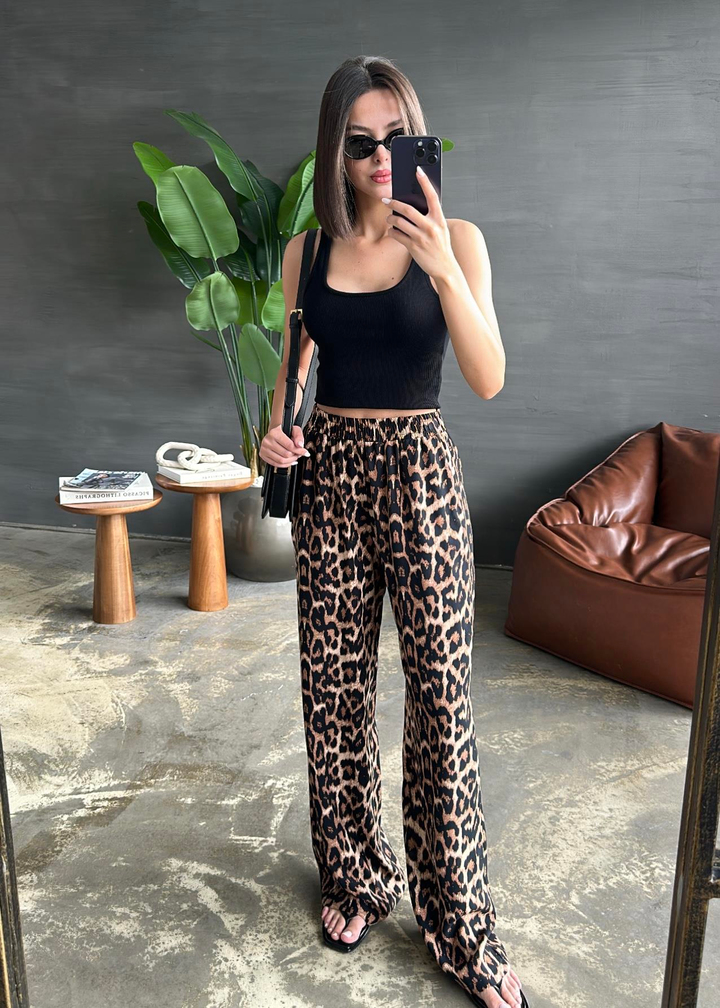 Lastikli Pamuklu Leopar Pantolon RENKLİ