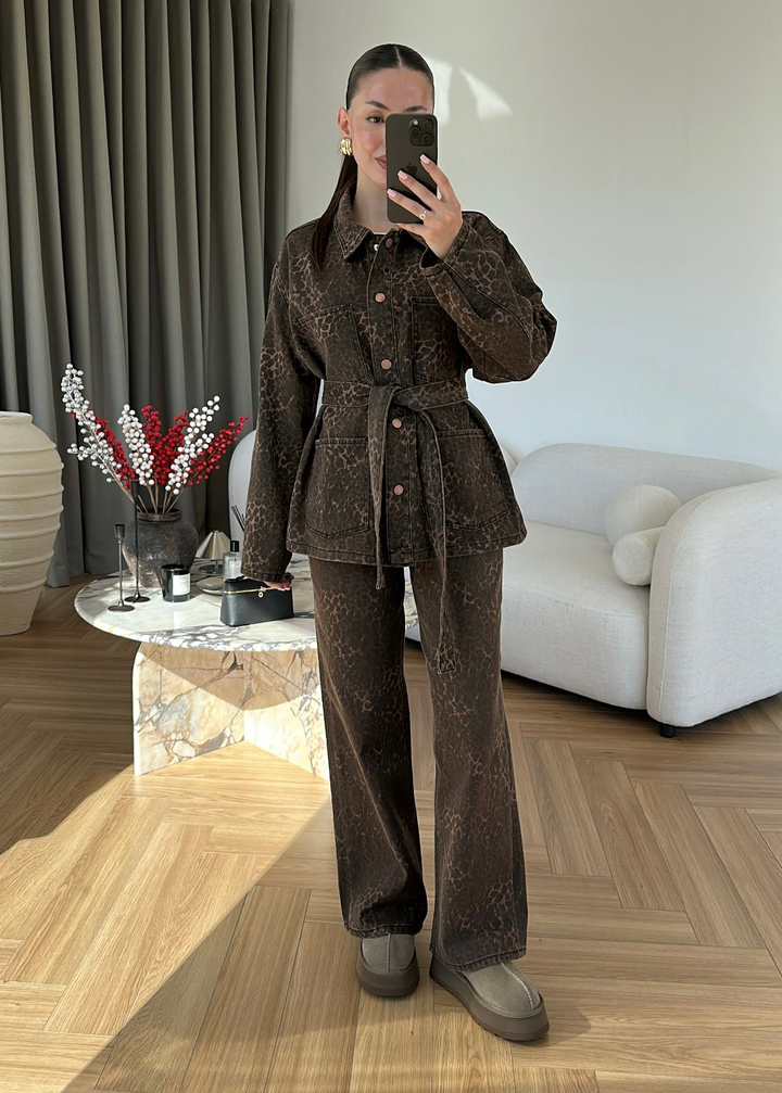 Leopar Desenli Denim Takım KAHVERENGİ