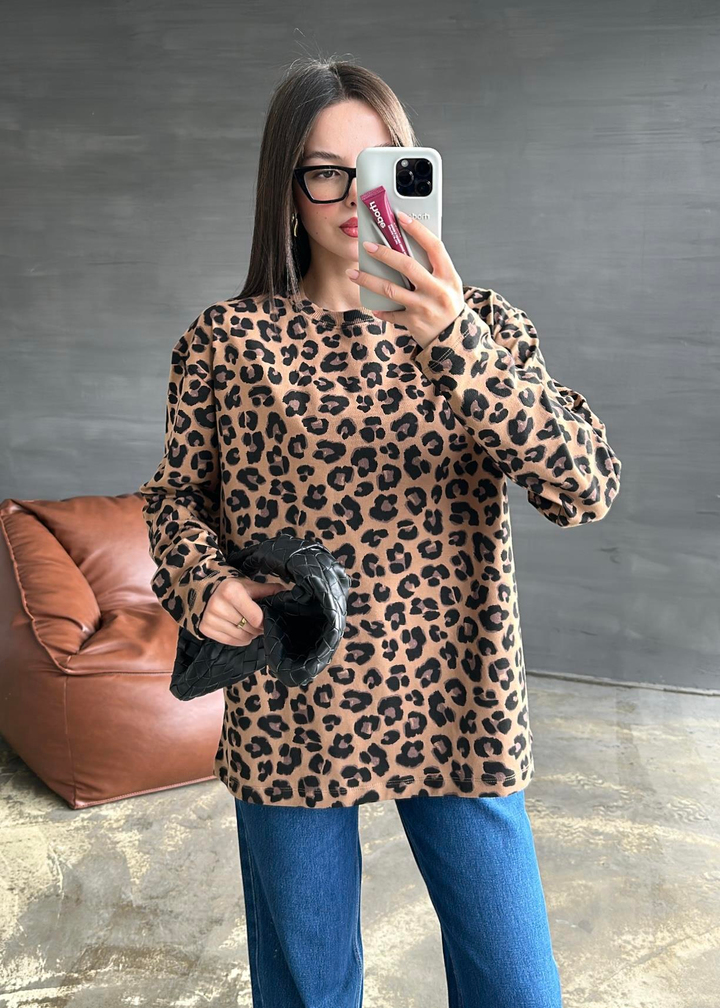 Leopar Desenli Uzun Kollu Tişört RENKLİ