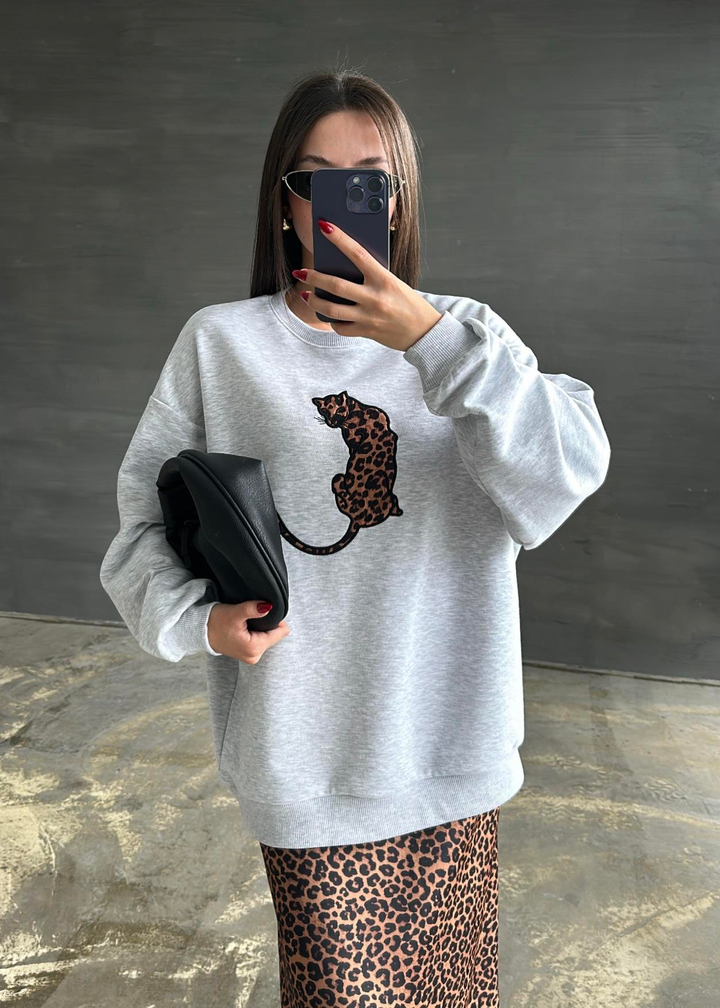 Leopar Detaylı Sweatshirt AÇIK GRİ
