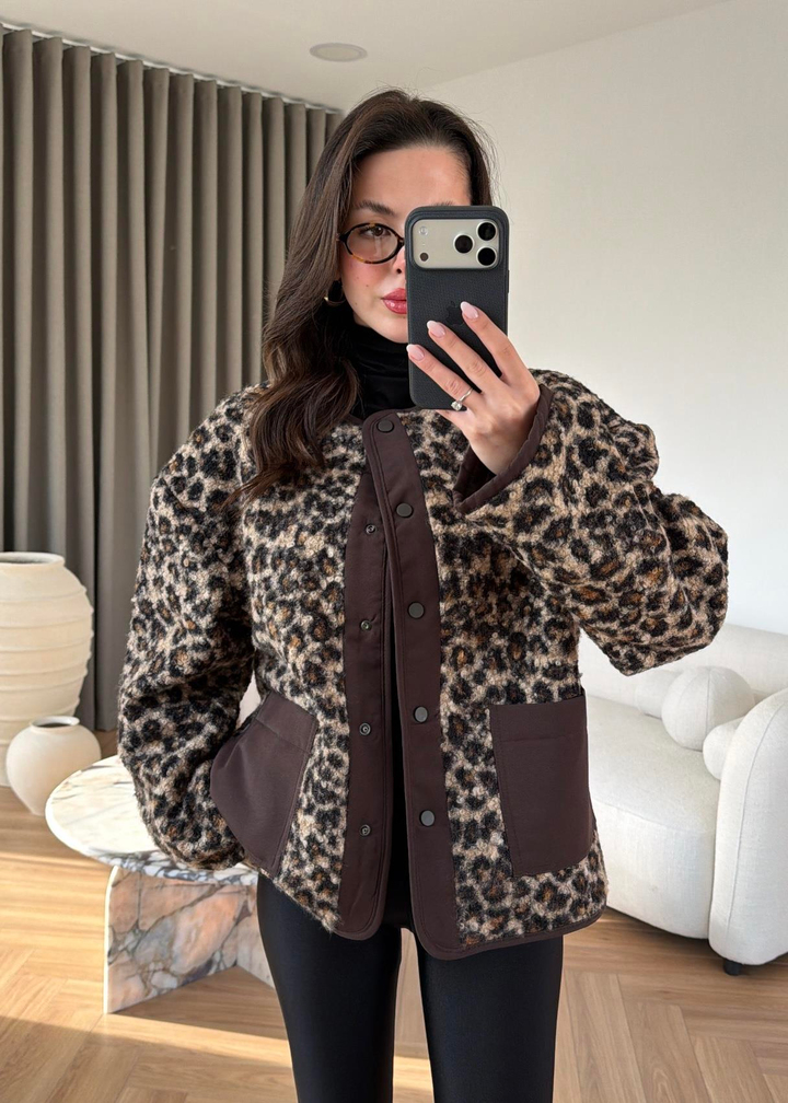 Leopar Peluş Ceket KAHVE