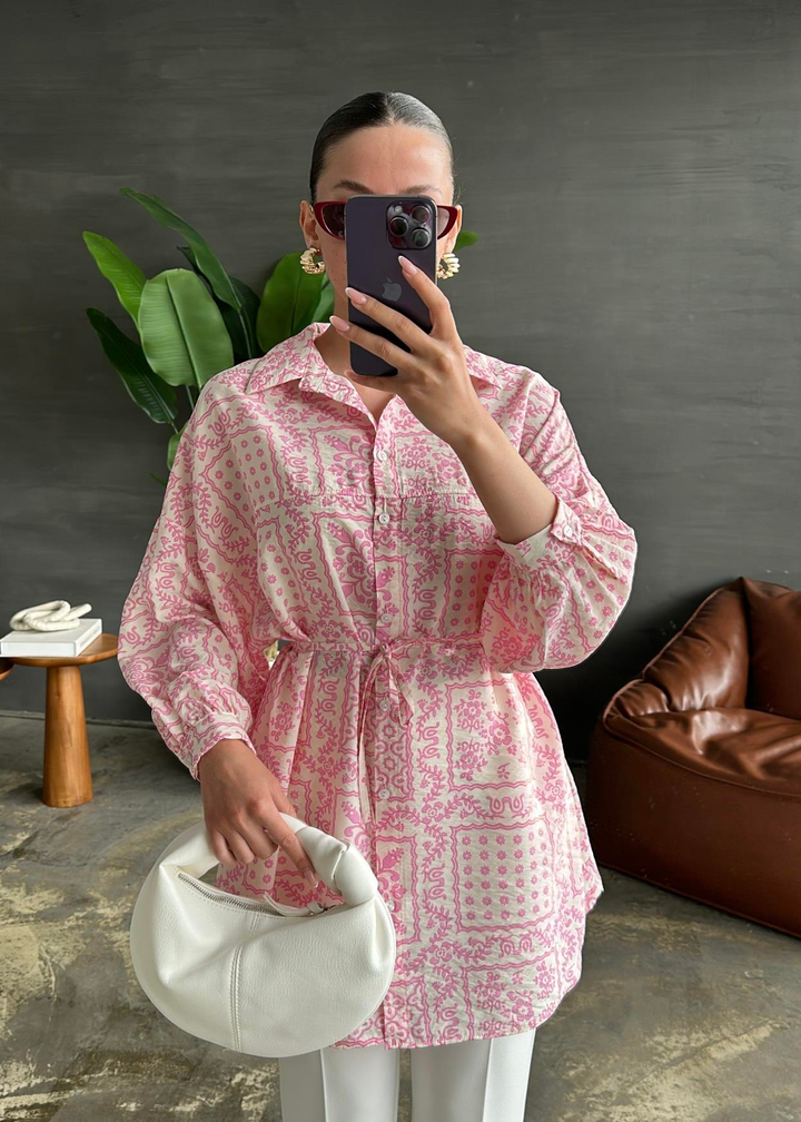 Mandala Desenli Bağlamalı Gömlek PEMBE