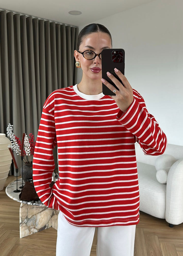 Marin Stil Çizgili Tişört KIRMIZI