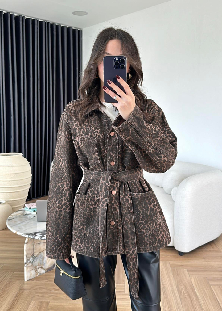 Mini Leopar Desen Denim Ceket RENKLİ