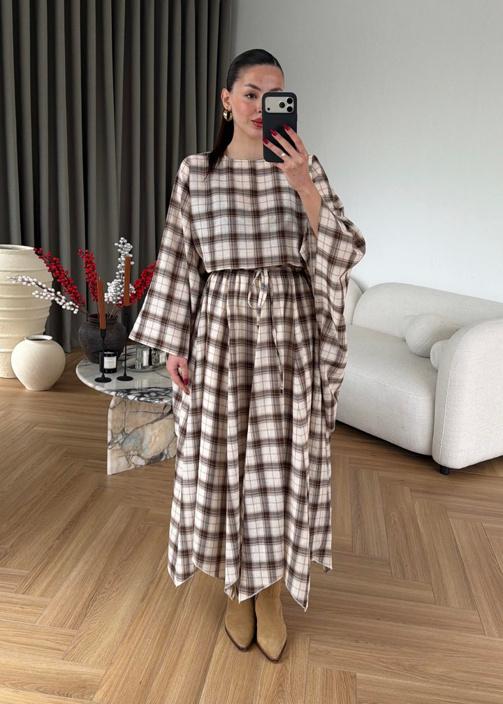 Müslin Ekoseli Etekli Takım NUDE