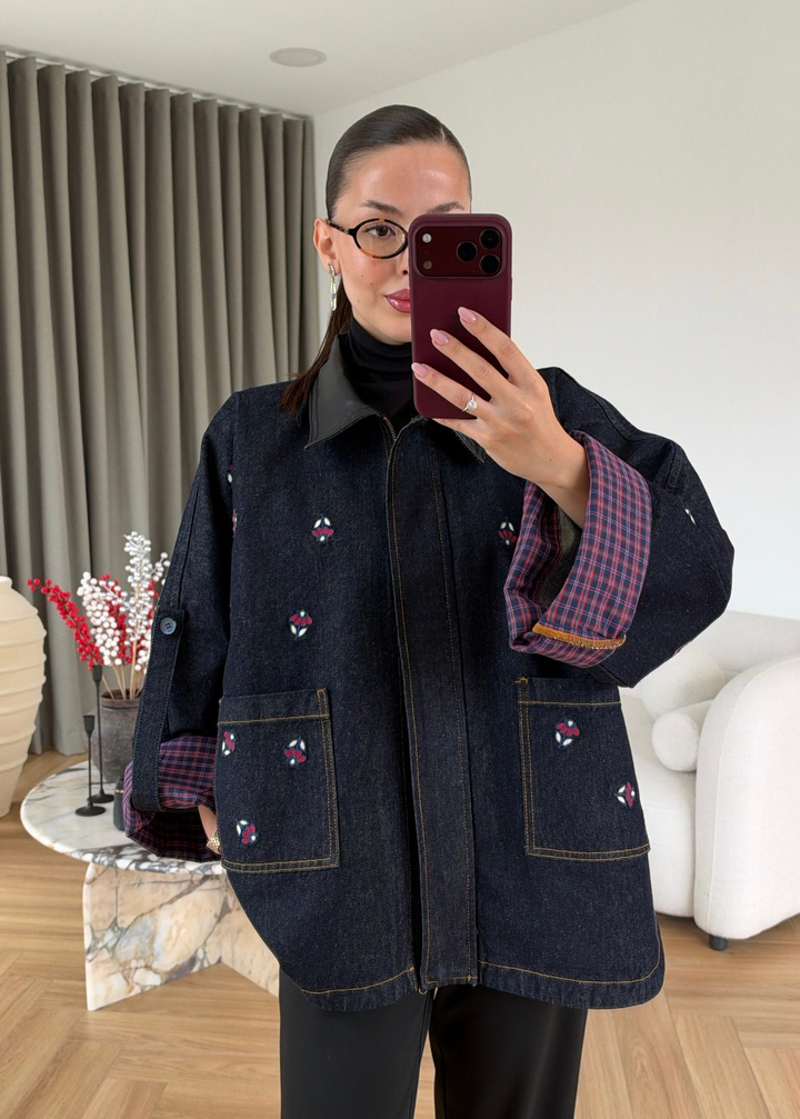 Nakışlı Deri Yakalı Denim Ceket LACİVERT