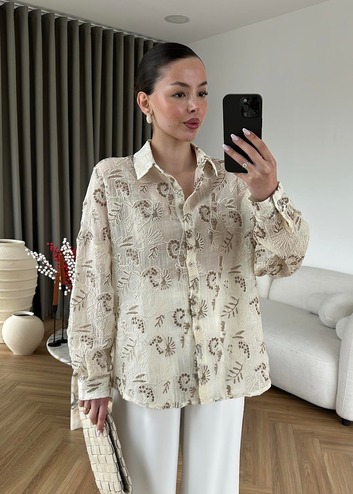 Nakışlı Oversize Gömlek KAHVERENGİ