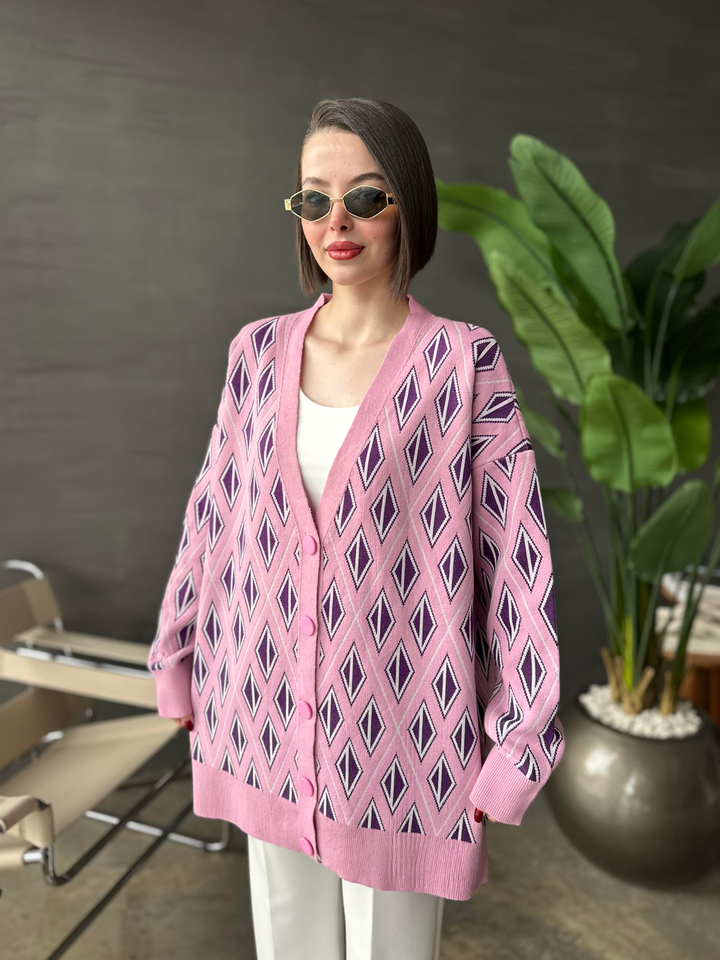 Ola Dörtgen Desenli Hırka PUDRA PEMBE
