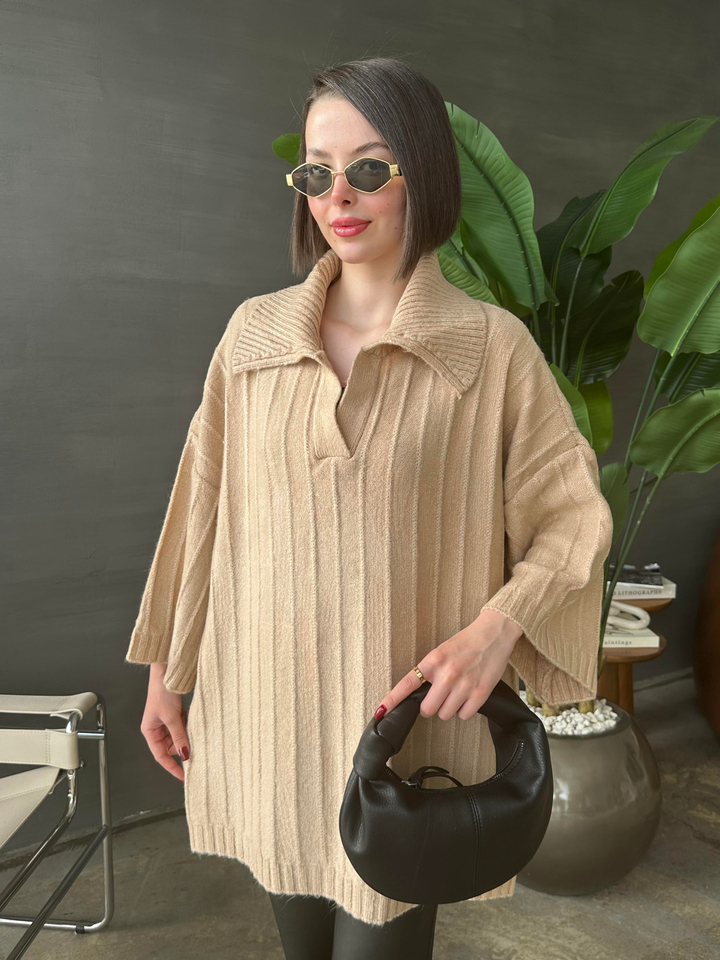 Olex Polo Yaka Kalın Kazak CAMEL