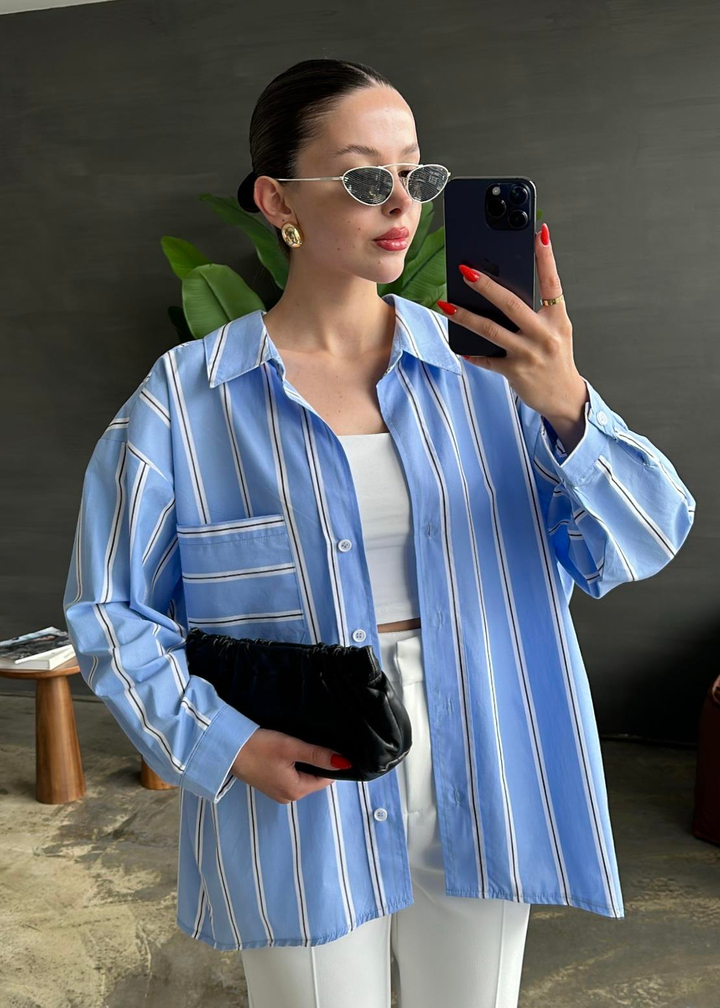 Oversize Çizgili Gömlek AÇIK MAVİ