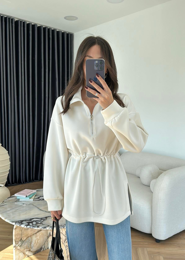 Oysh Lastikli Fermuarlı Sweat BEYAZ