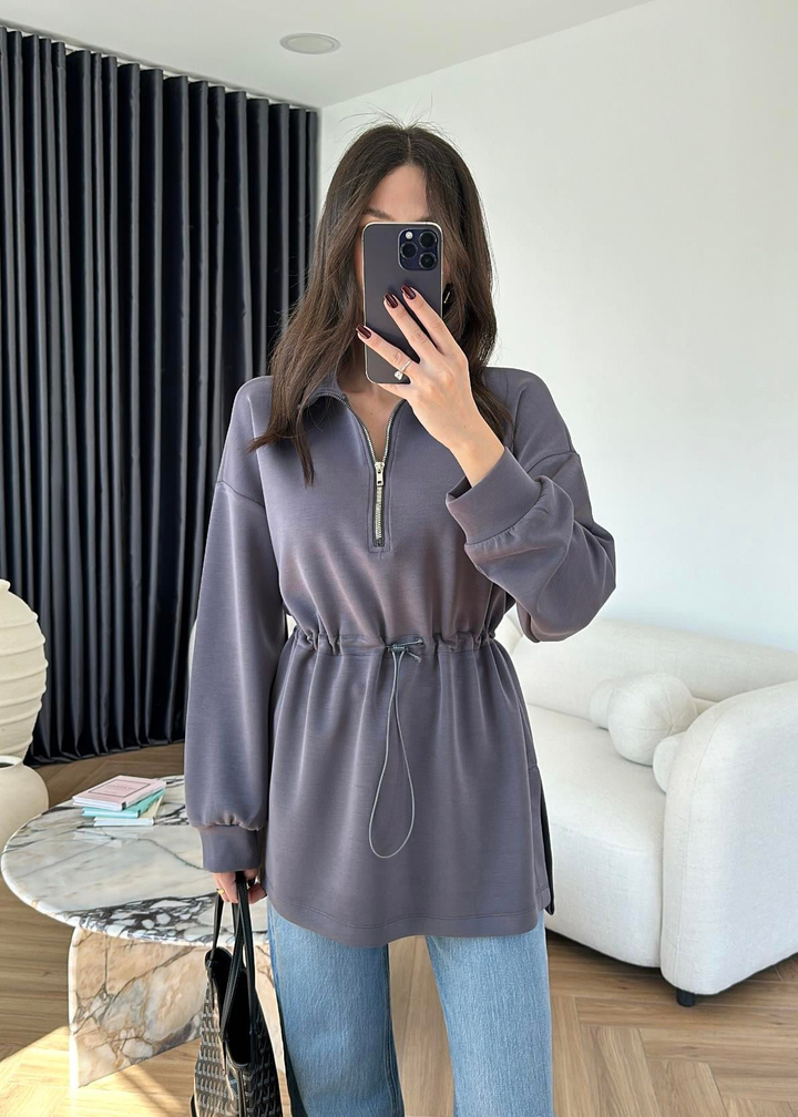 Oysh Lastikli Fermuarlı Sweat FÜME
