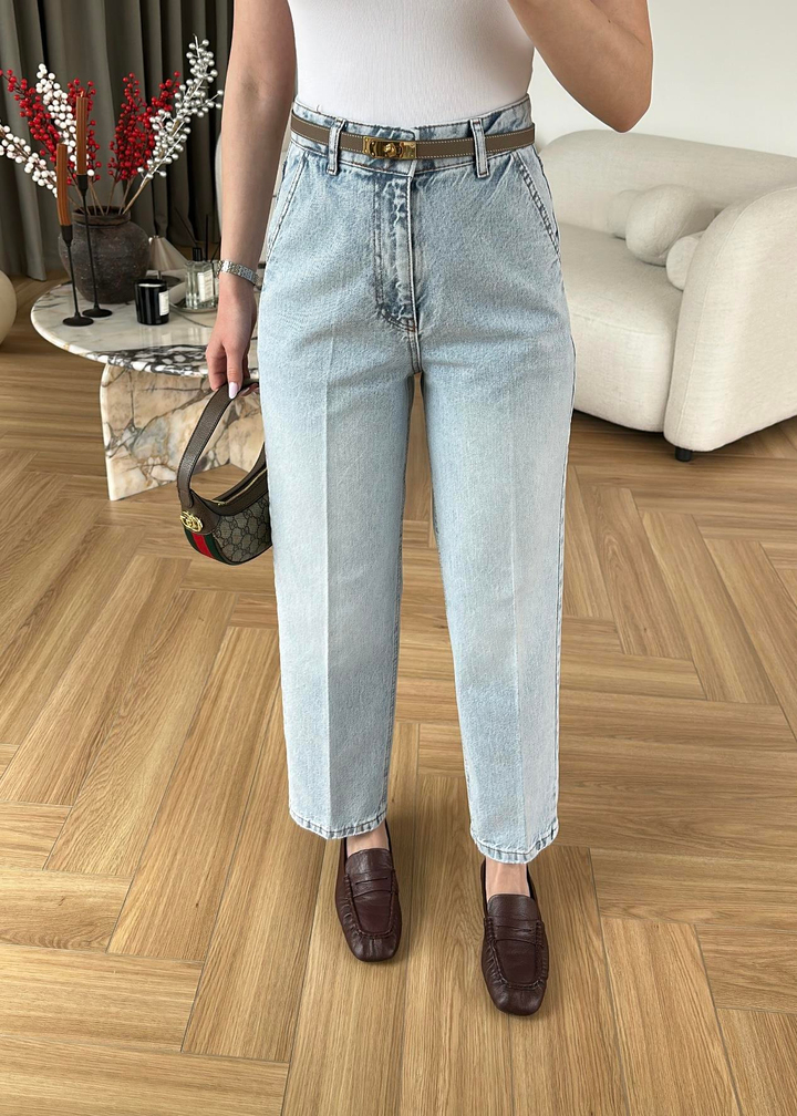Paçası Dikişli Balon Mom Jean BUZ MAVİ
