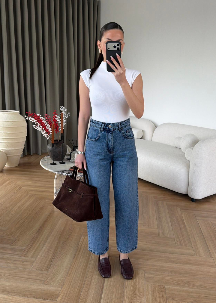 Paçası Dikişli Balon Mom Jean MAVİ