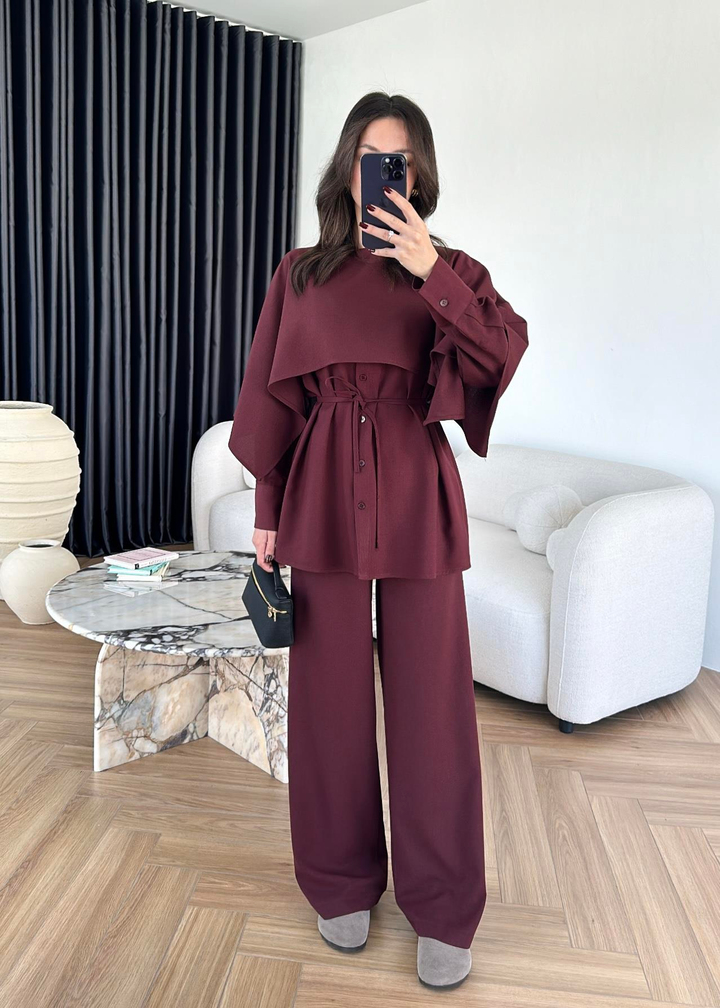 Pelerinli Palazzo Pantolonlu Takım BORDO