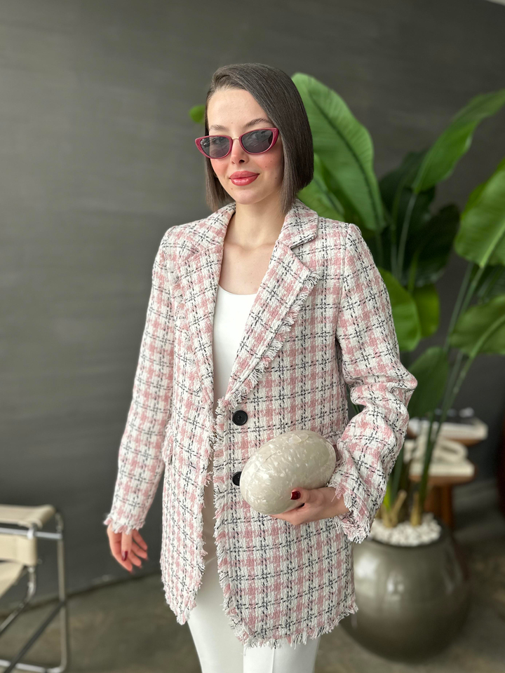 Pia Püsküllü Tüvit Ceket PUDRA PEMBE