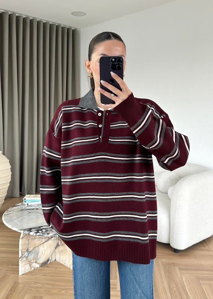 Polo Yakalı Oversize Kazak BORDO