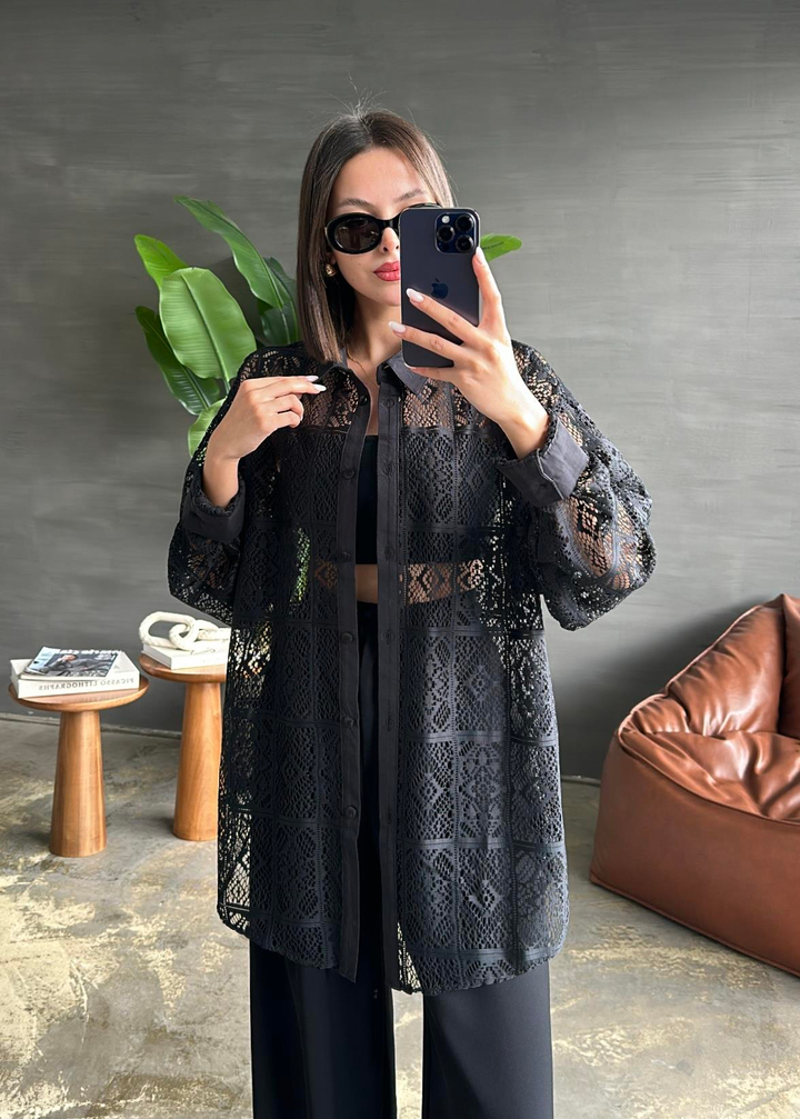 Poplin Detaylı Dantel Gömlek SİYAH
