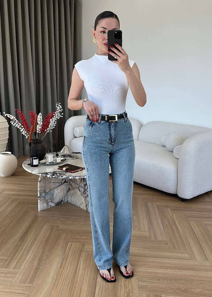 Porte Kemerli Straight Jean MAVİ