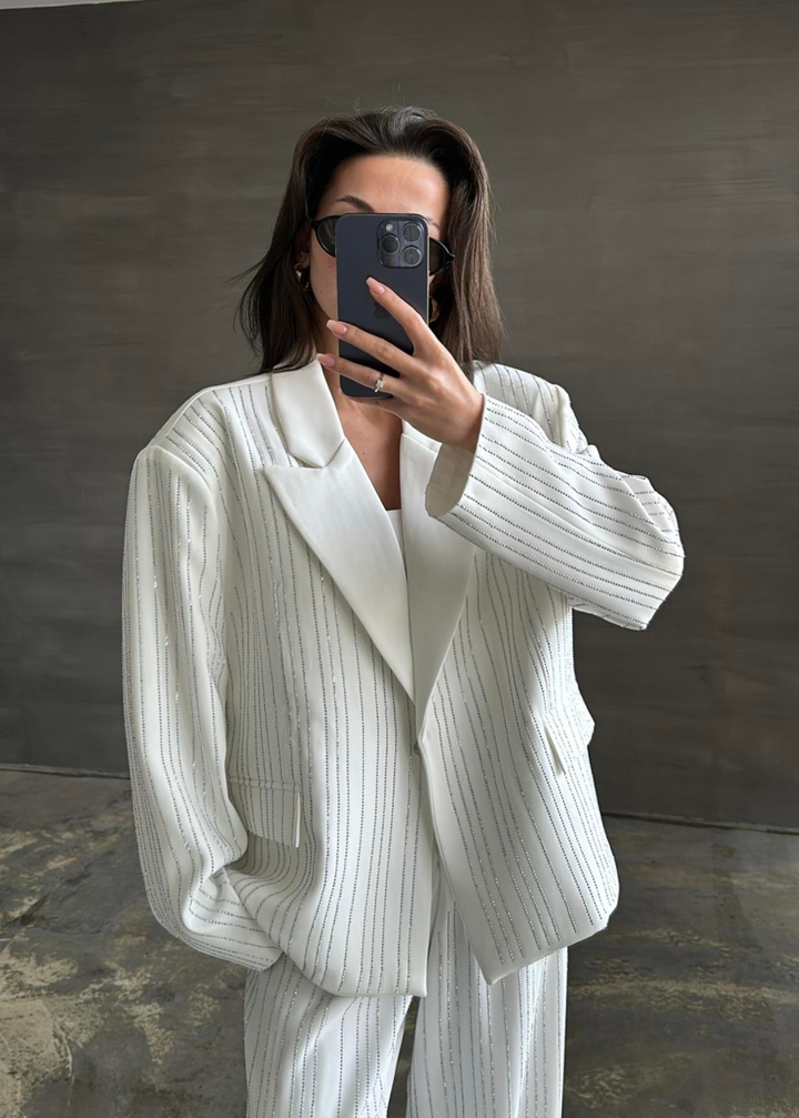 Premium Taşlı Blazer BEYAZ