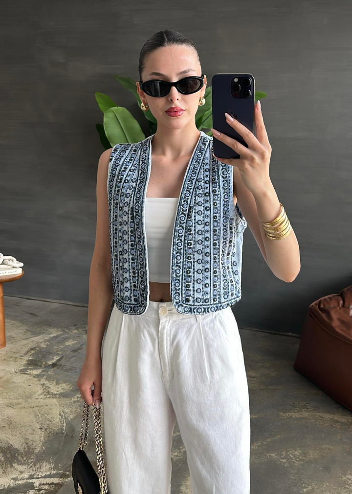 Pullu ve Nakışlı Denim Yelek AÇIK MAVİ