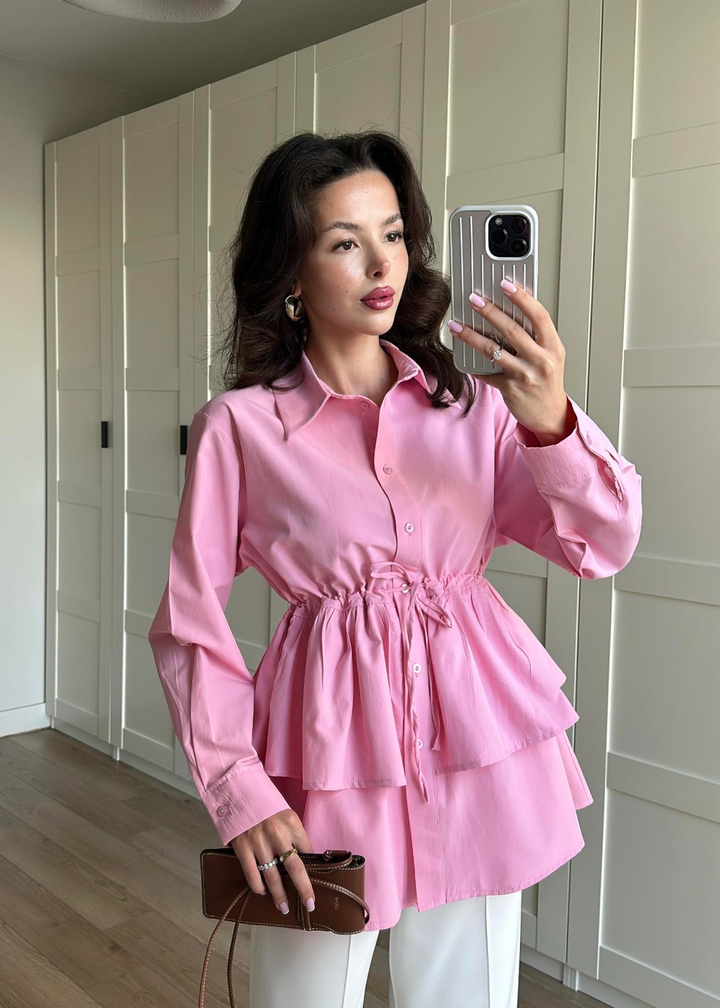 Robalı Beli Bağlamalı Poplin Gömlek PEMBE