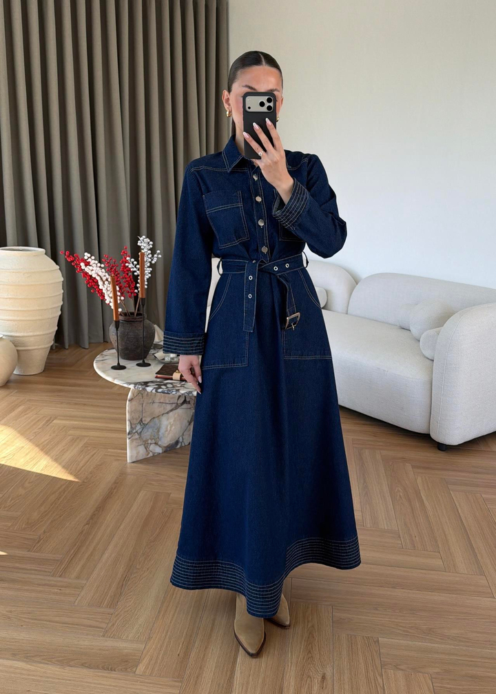Rosa Dikiş Detaylı Denim elbise LACİVERT