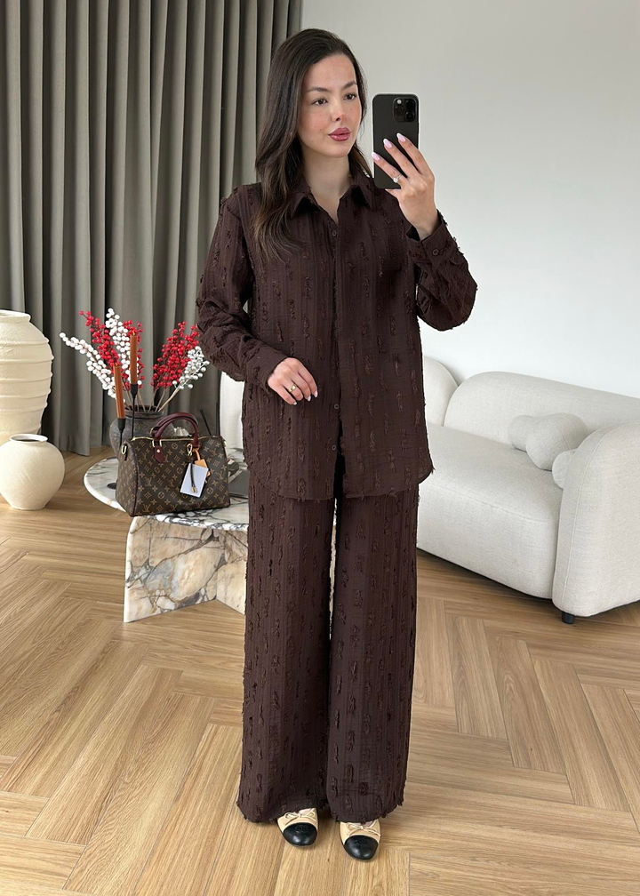 Saçaklı Gömlek Pantolon Takım ACI KAHVE