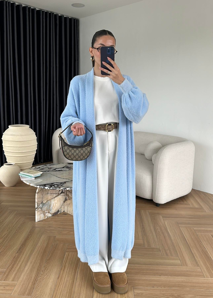 Şal Yakalı Tüylü Uzun Hırka BEBE MAVİ