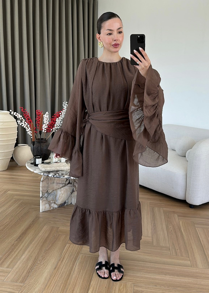 Şallı Büzgülü Elbise ACI KAHVE
