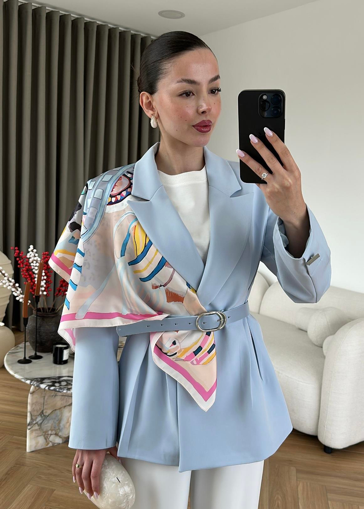 Şallı Deri Kemerli Blazer BEBE MAVİ