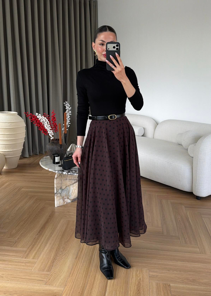 Sara Puantiyeli Şifon Etek ACI KAHVE