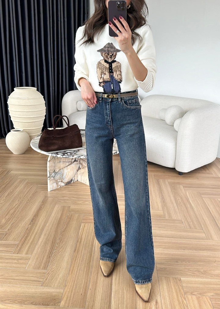 Straight Paça Dikişli Jean Orta Mavi
