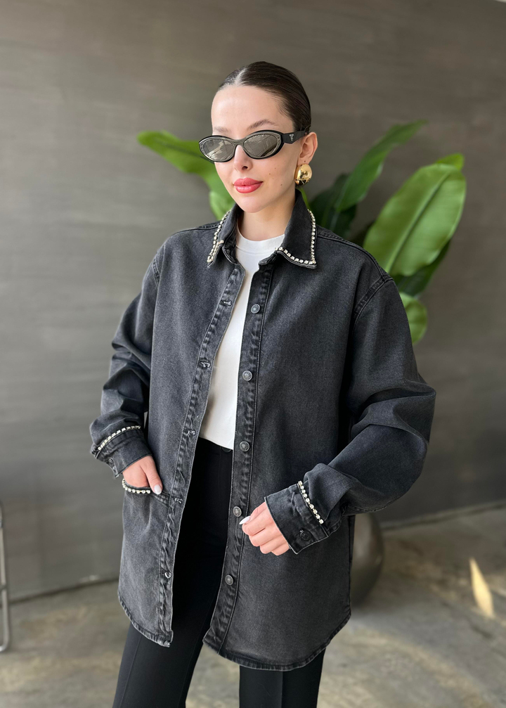 Taşlı Denim Ceket SİYAH