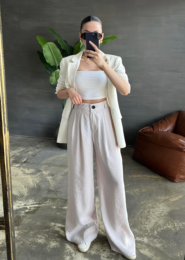 Tencel Çift Pileli Pantolon TAŞ