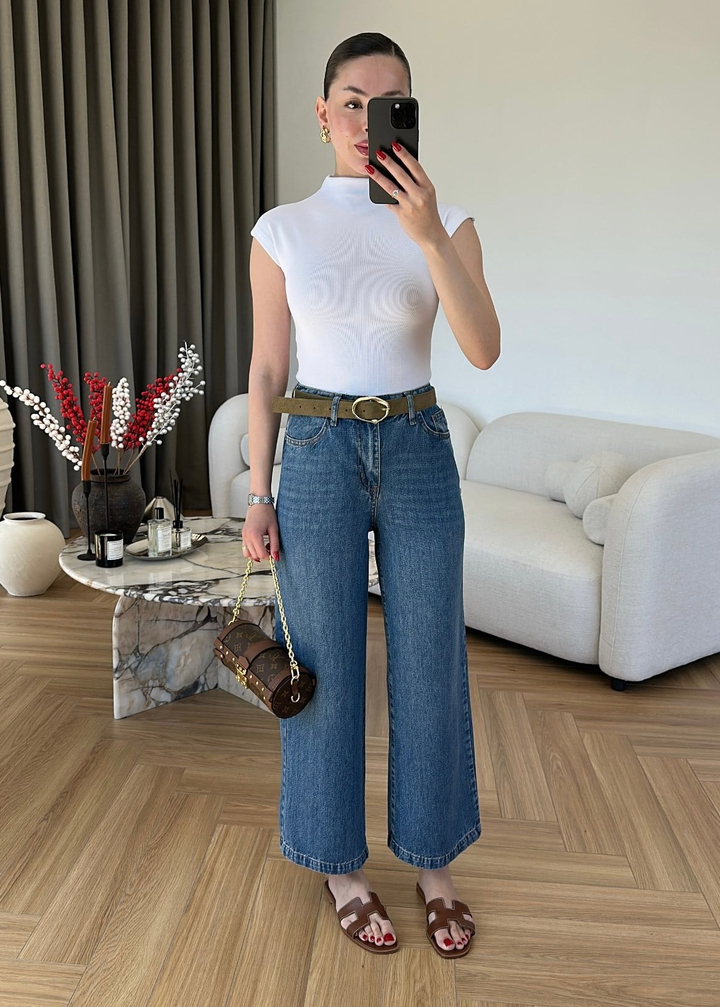 Tensel Karışımlı Kemerli Jean MAVİ