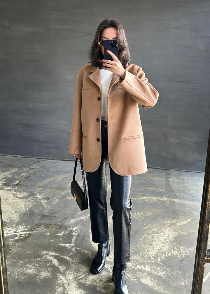 Üç Düğmeli Süet Ceket KOYU BEJ