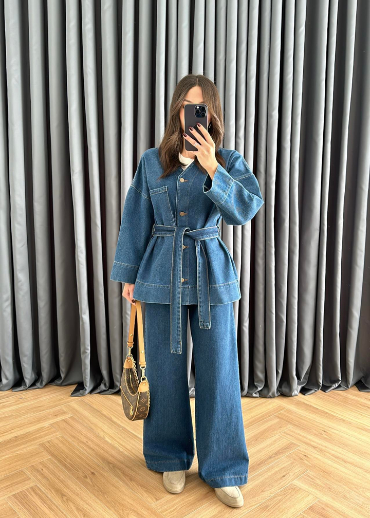 V Yakalı Denim Takım Koyu Mavi