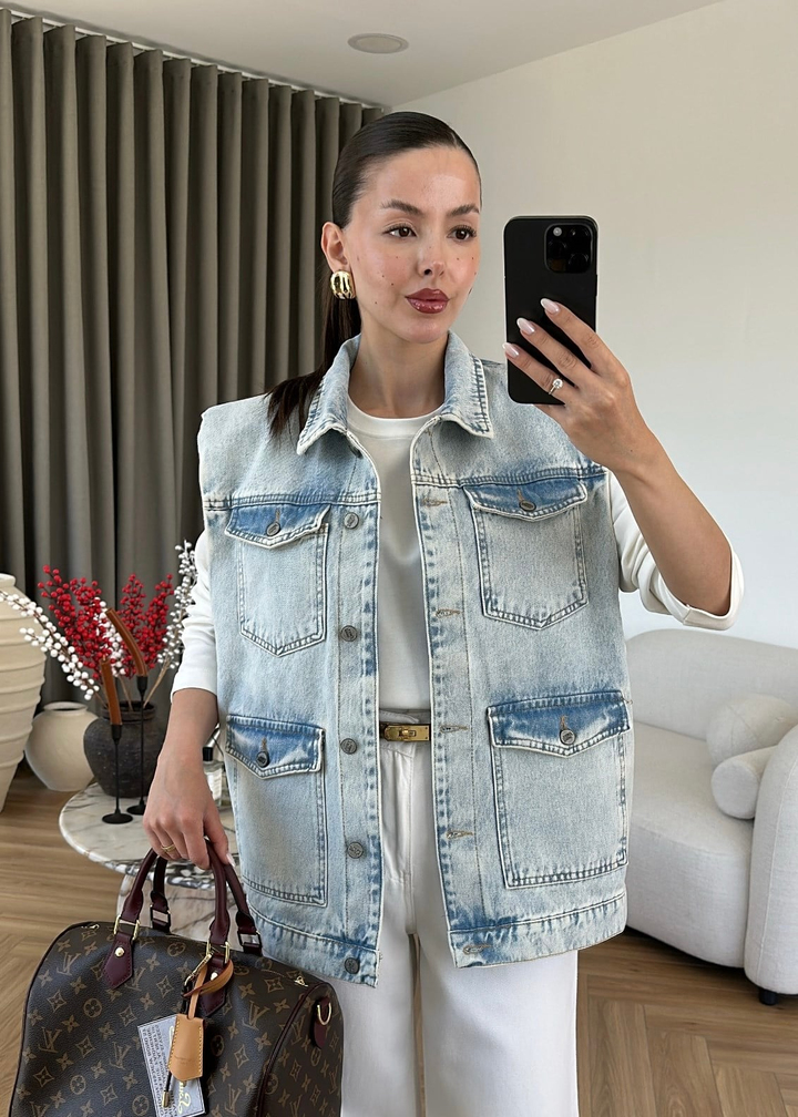 Vatkalı Denim Yelek BUZ MAVİ
