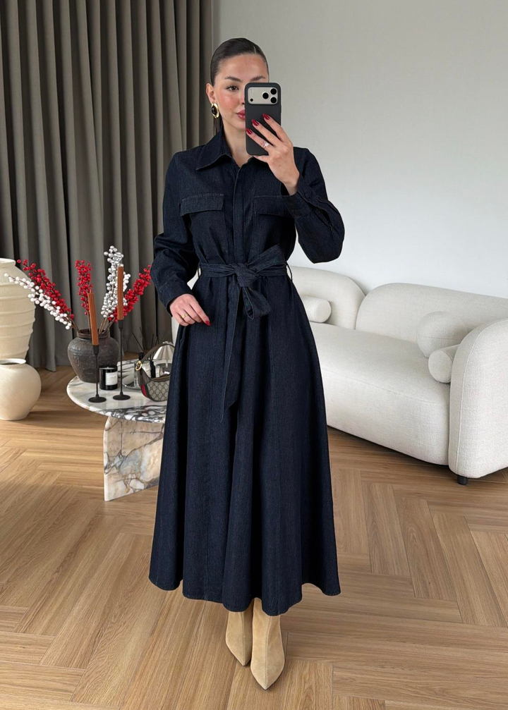 Volanlı Denim Elbise LACİVERT