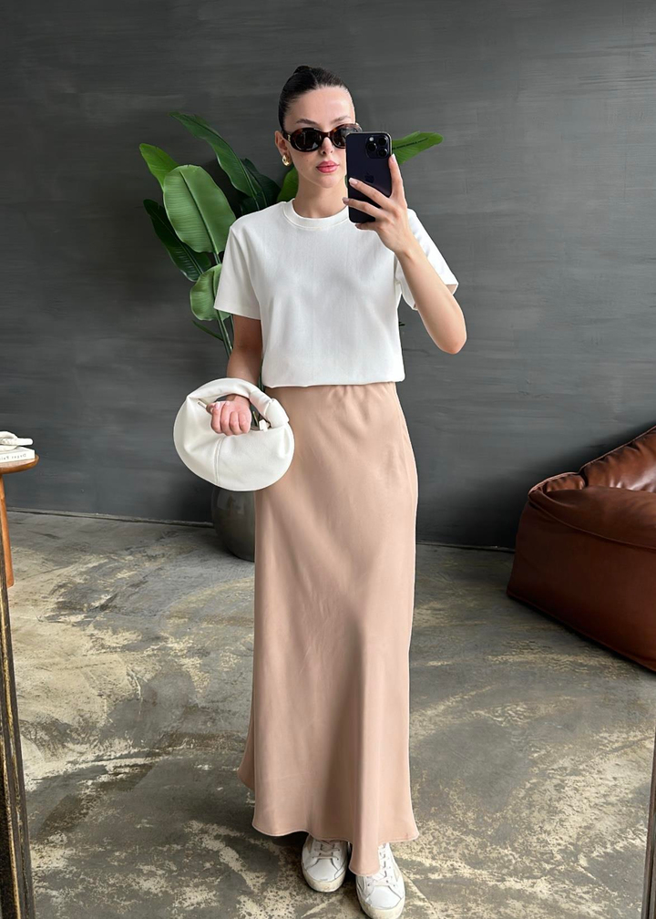 Volanlı Uzun Saten Etek CAMEL