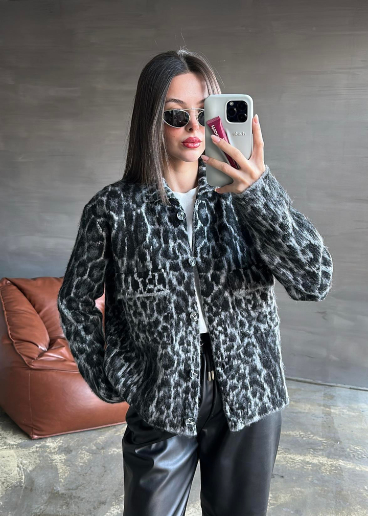 Yakalı Leopar Desenli Hırka Ceket SİYAH