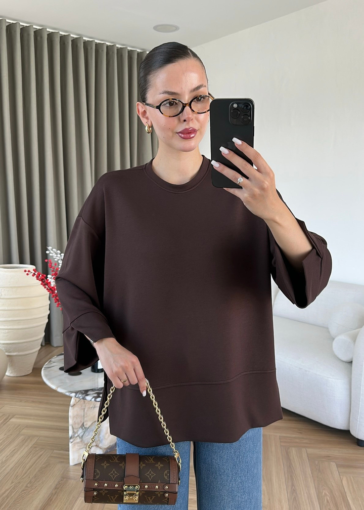 Yanı Yırtmaçlı Uzun Kollu Sweat ACI KAHVE