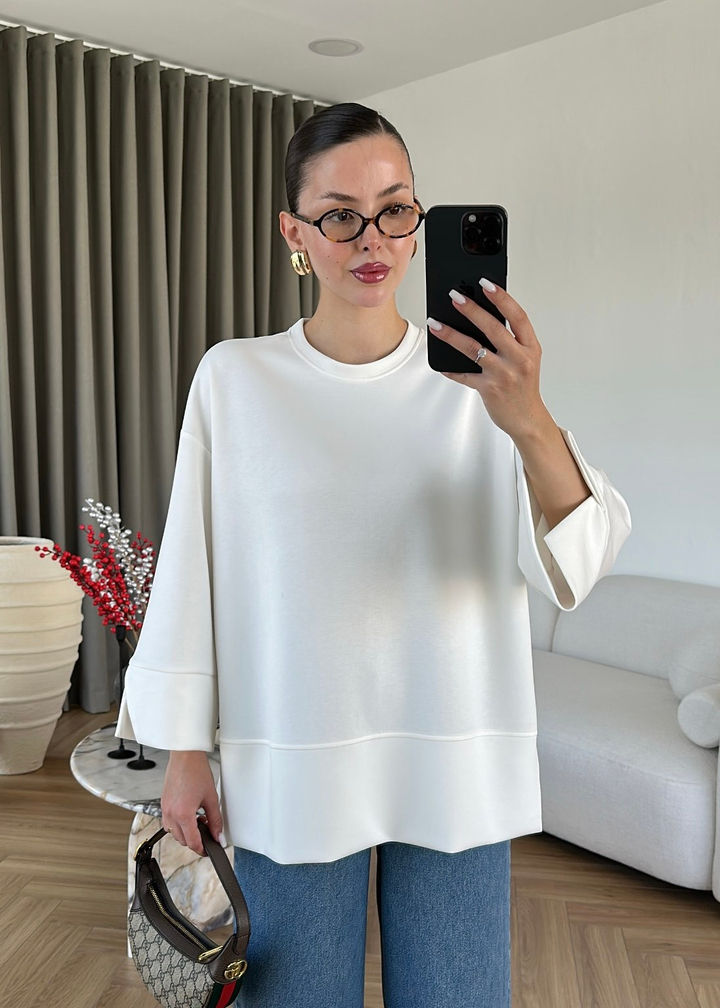 Yanı Yırtmaçlı Uzun Kollu Sweat BEYAZ