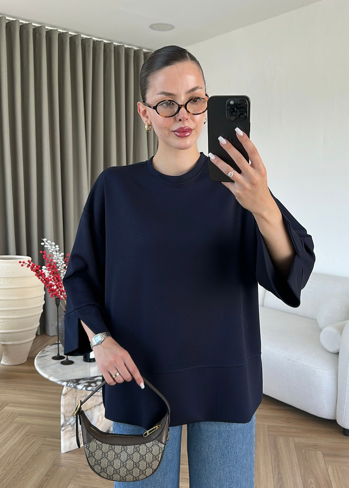 Yanı Yırtmaçlı Uzun Kollu Sweat LACİVERT