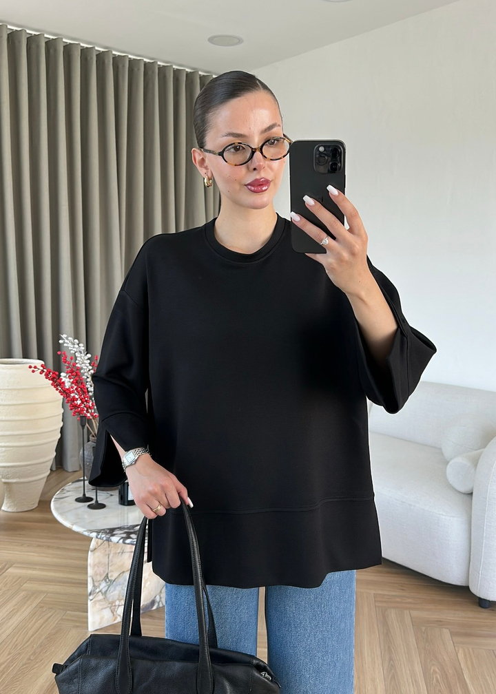 Yanı Yırtmaçlı Uzun Kollu Sweat SİYAH