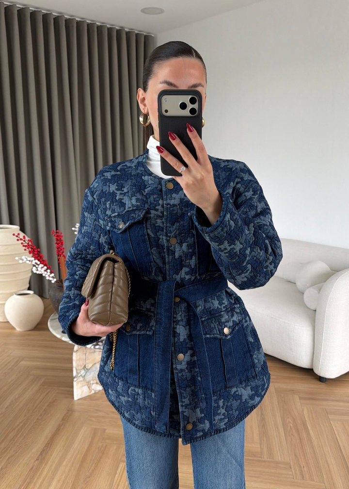 Yapboz Desenli Denim Ceket MAVİ