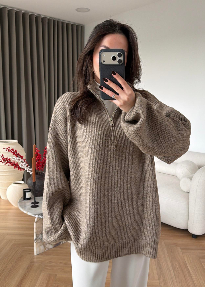 Yarım Fermuarlı Premium Kazak VİZON