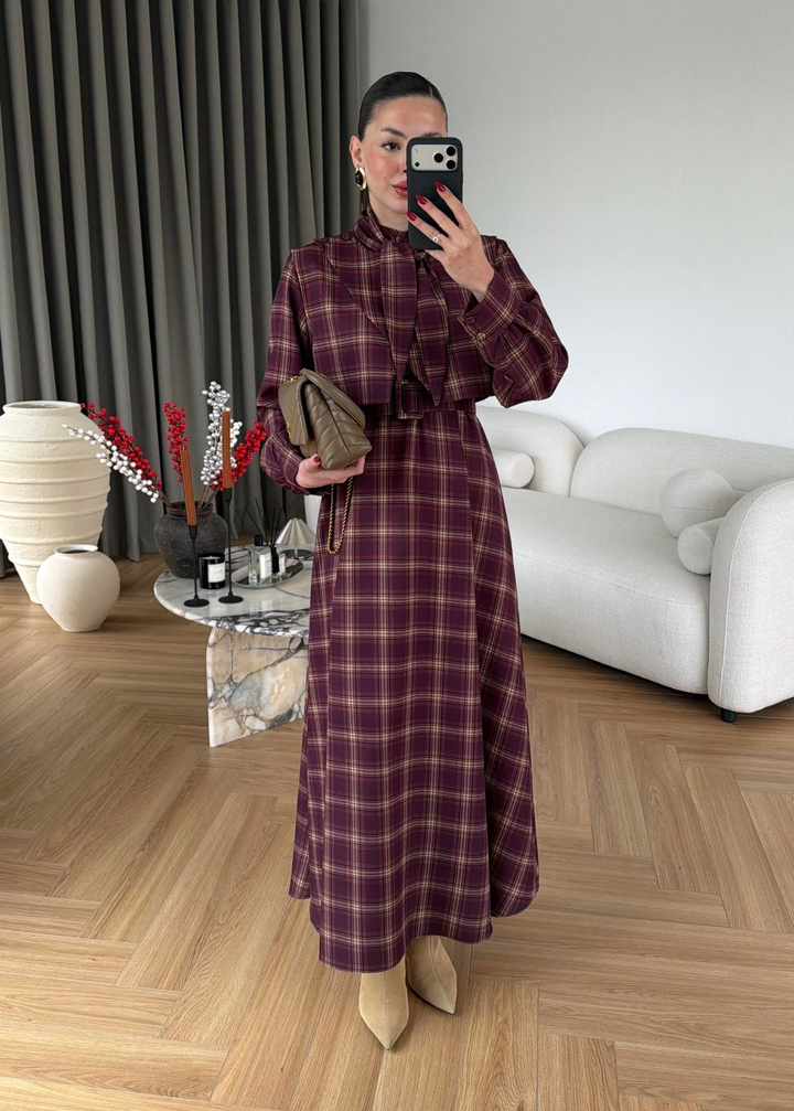 Yelekli Kemerli Ekose Elbise MÜRDÜM